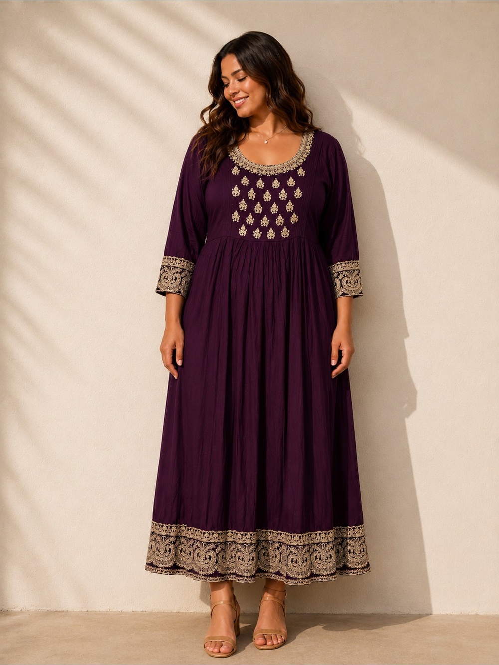 Plus Size Plum Embroidered Maxi Dress with Gold Trim